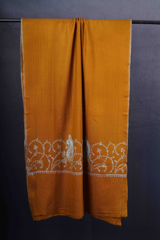 Mustard Big Border Sozni Embroidery Merino Wool Scarf