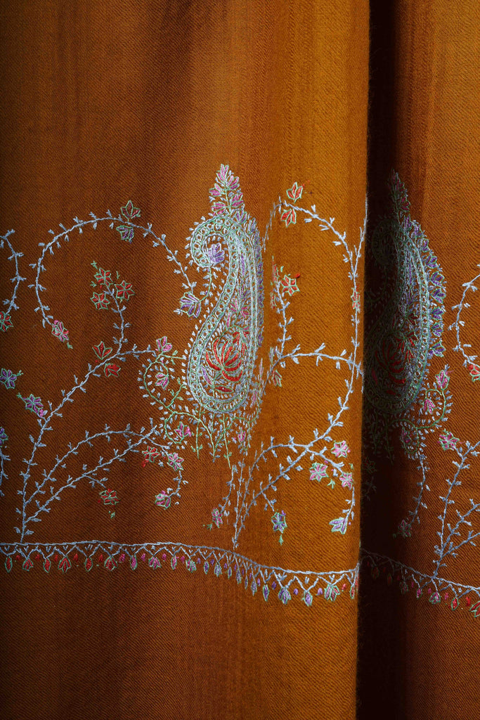 Mustard Big Border Sozni Embroidery Merino Wool Scarf