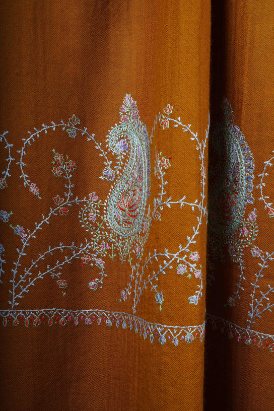 Mustard Big Border Sozni Embroidery Merino Wool Scarf
