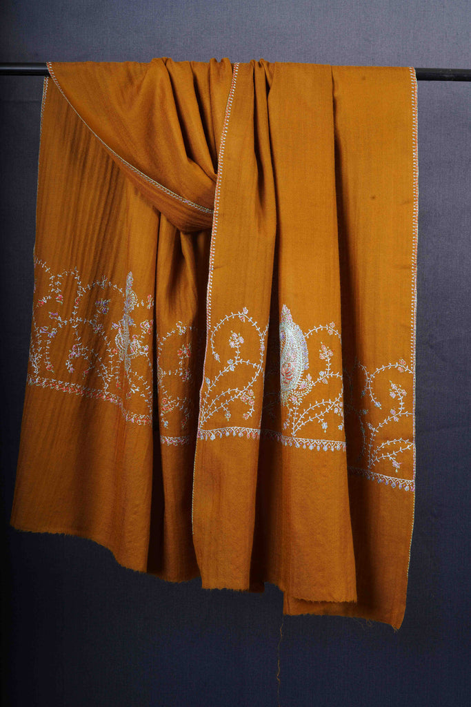 Mustard Big Border Sozni Embroidery Merino Wool Scarf