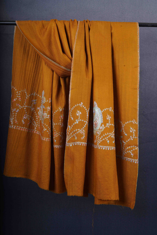 Mustard Big Border Sozni Embroidery Merino Wool Scarf