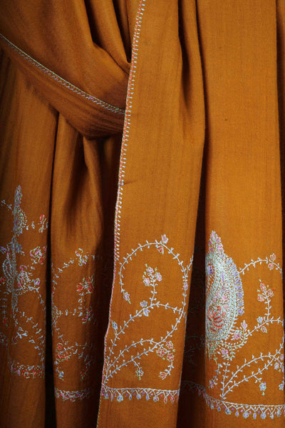Mustard Big Border Sozni Embroidery Merino Wool Scarf