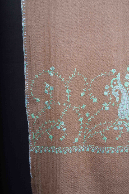 Natural Base Big Border Sozni Embroidery Merino Wool Scarf