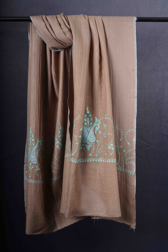 Natural Base Big Border Sozni Embroidery Merino Wool Scarf