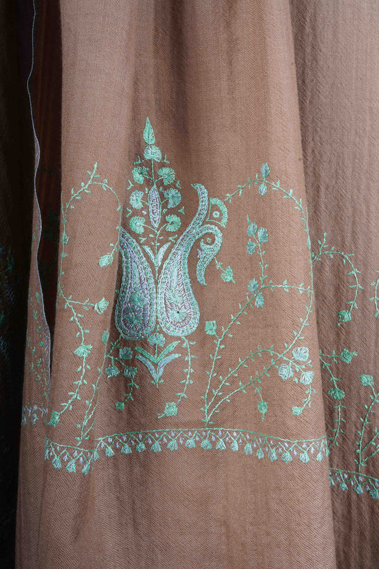 Natural Base Big Border Sozni Embroidery Merino Wool Scarf