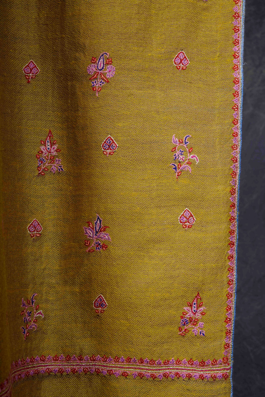 Reversible Mustard Boteh Motif Embroidery Cashmere Pashmina Shawl