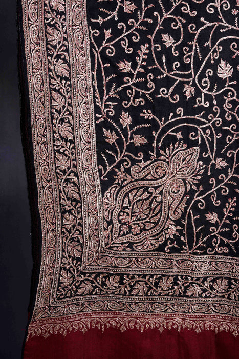Black with Maroon Border Tilla Embroidery Pashmina Shawl