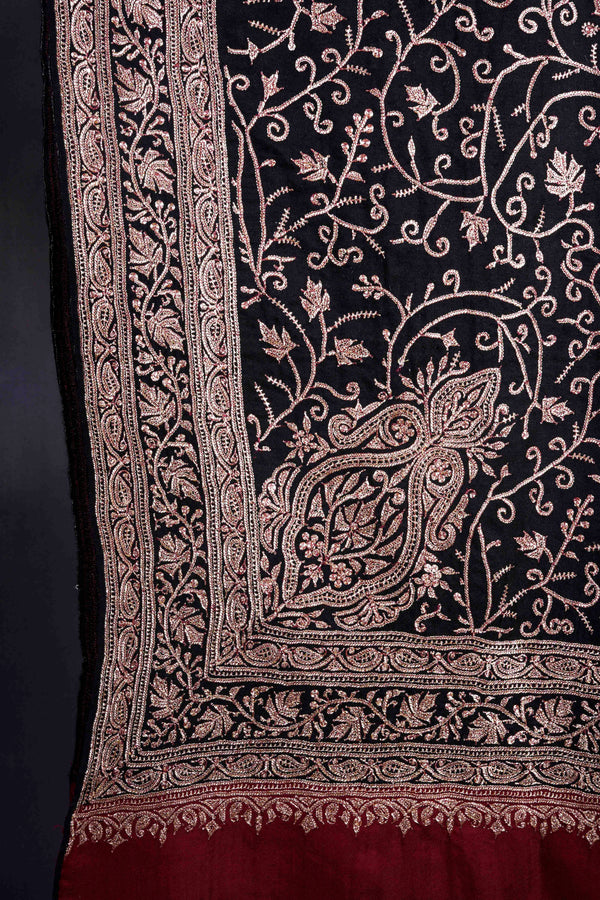 Black with Maroon Border Tilla Embroidery Pashmina Shawl