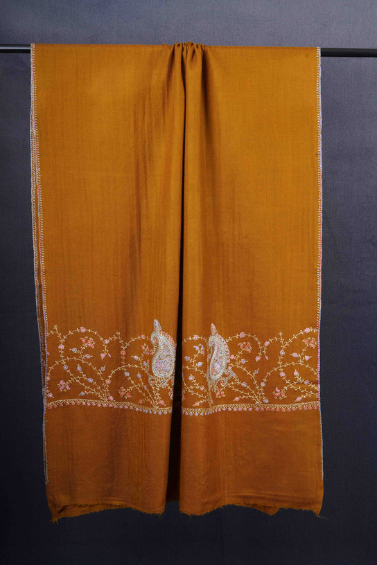 Mustard Big Border Sozni Embroidery Merino Wool Scarf