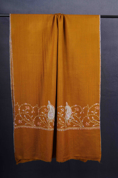 Mustard Big Border Sozni Embroidery Merino Wool Scarf