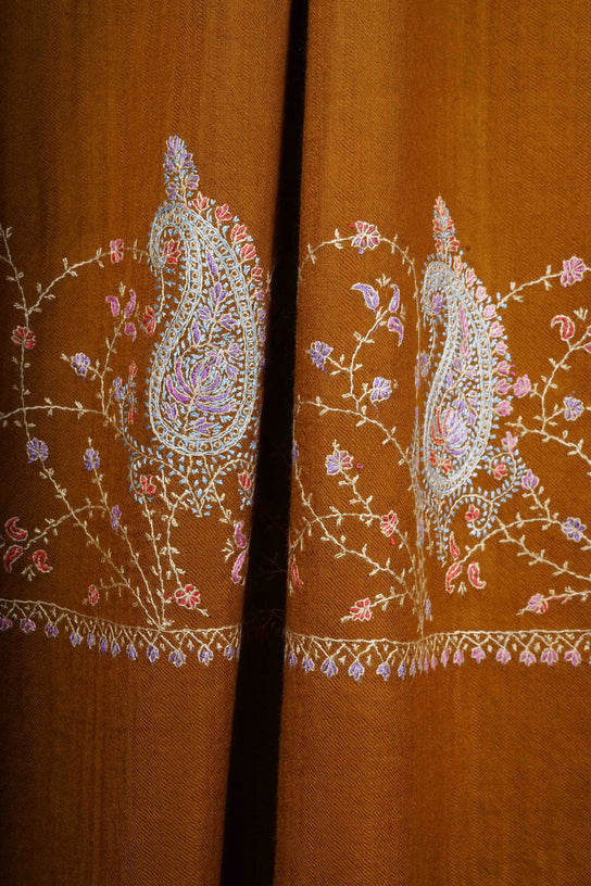 Mustard Big Border Sozni Embroidery Merino Wool Scarf