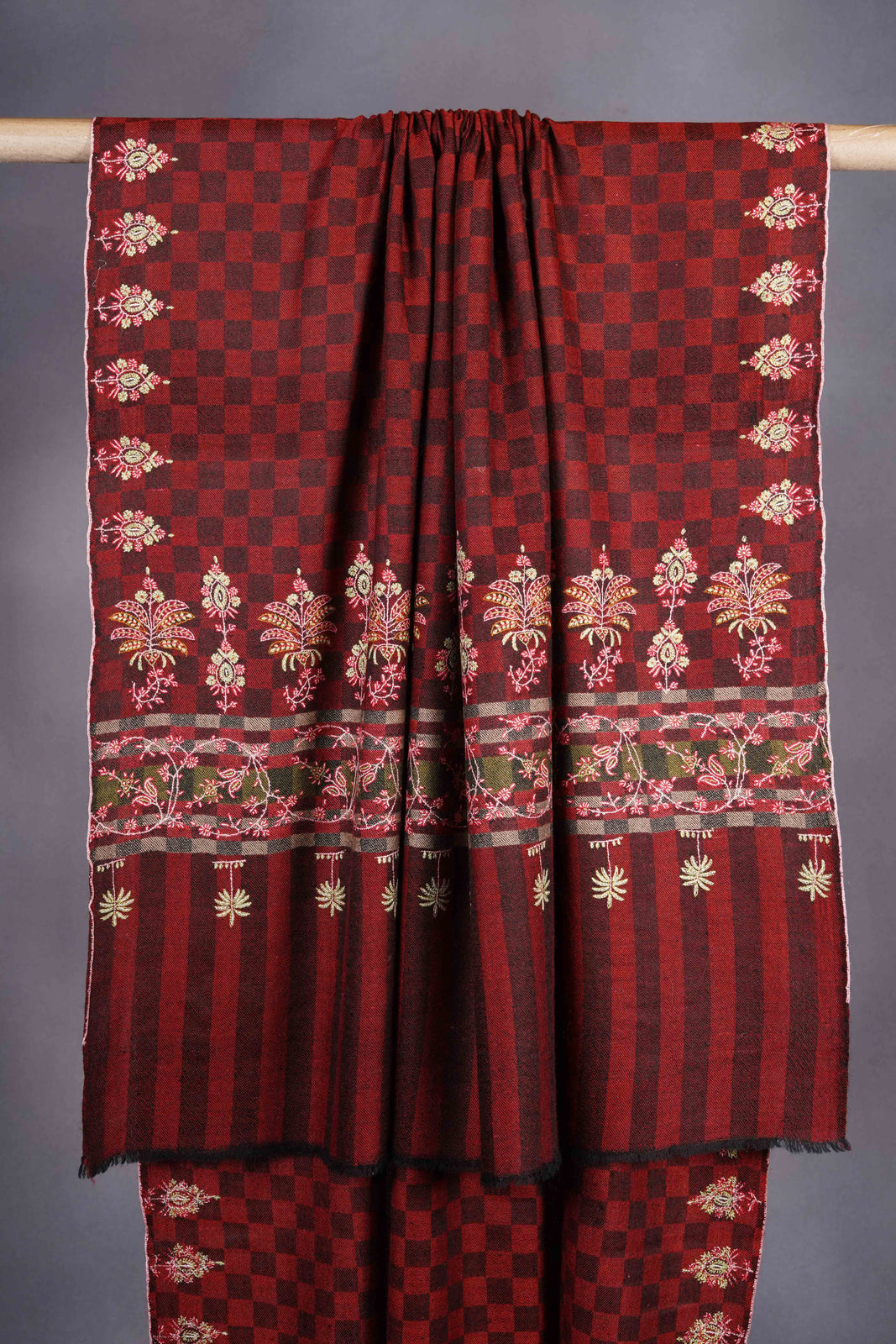 Auburn Checkered Embroidery Cashmere Pashmina Shawl