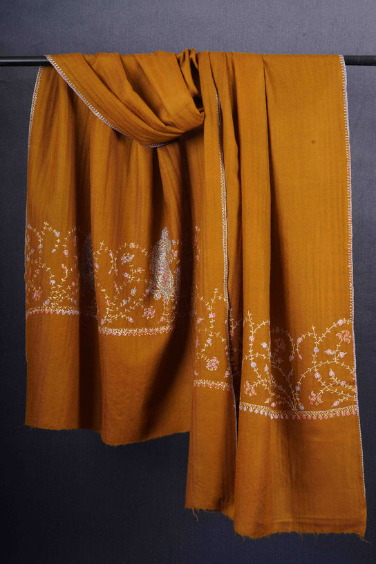 Mustard Big Border Sozni Embroidery Merino Wool Scarf