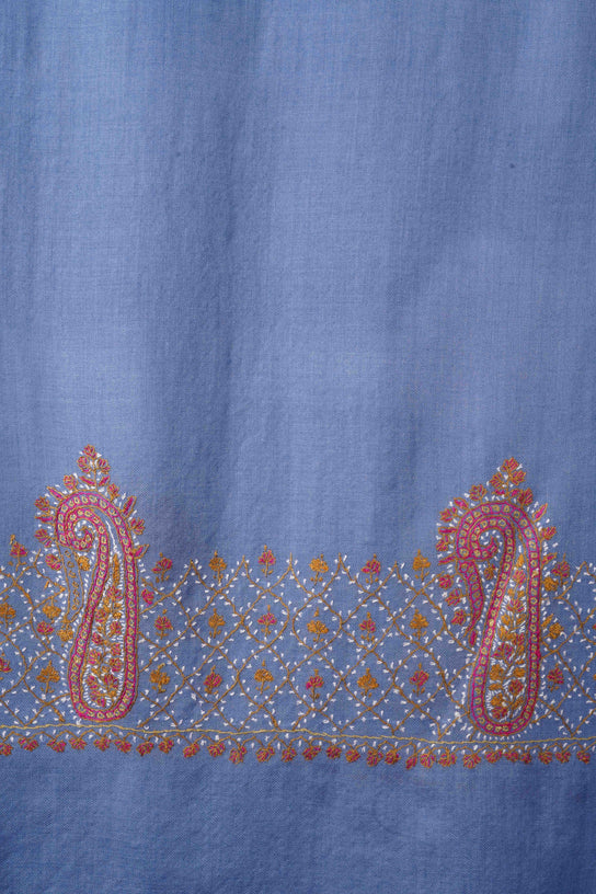 Sky Blue Big Border Sozni Embroidery Merino Wool Scarf