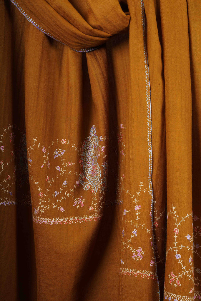 Mustard Big Border Sozni Embroidery Merino Wool Scarf