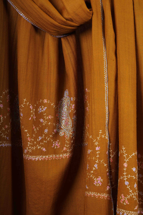 Mustard Big Border Sozni Embroidery Merino Wool Scarf