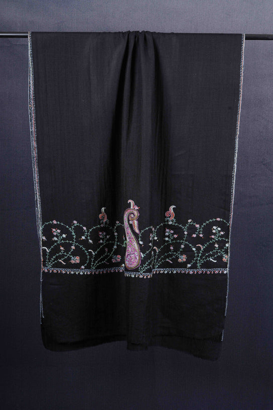 Black Base Big Border Green Sozni Embroidery Merino Wool Scarf