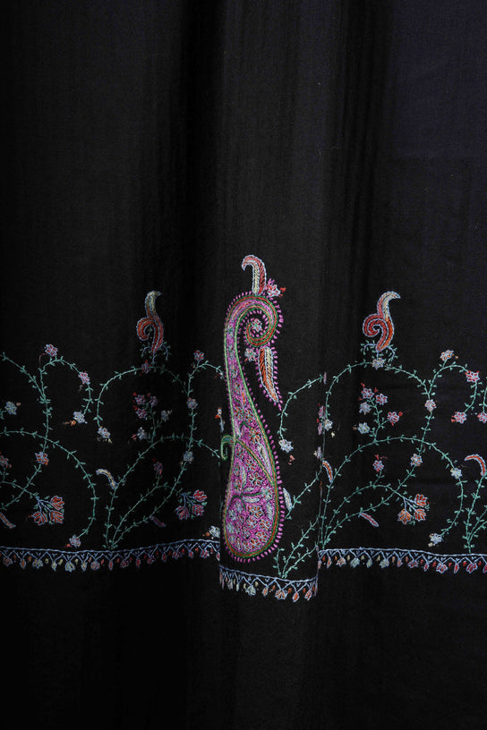 Black Base Big Border Green Sozni Embroidery Merino Wool Scarf