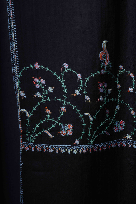 Black Base Big Border Green Sozni Embroidery Merino Wool Scarf