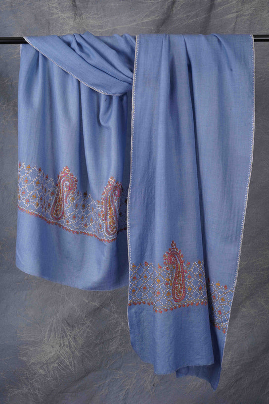 Sky Blue Big Border Sozni Embroidery Merino Wool Scarf