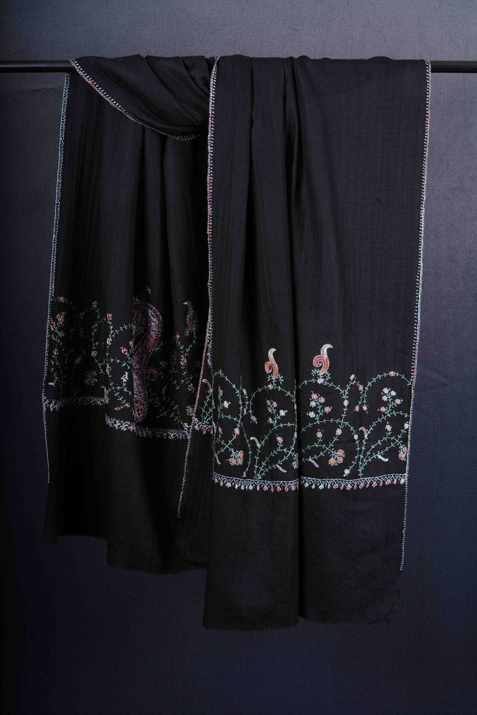 Black Base Big Border Green Sozni Embroidery Merino Wool Scarf