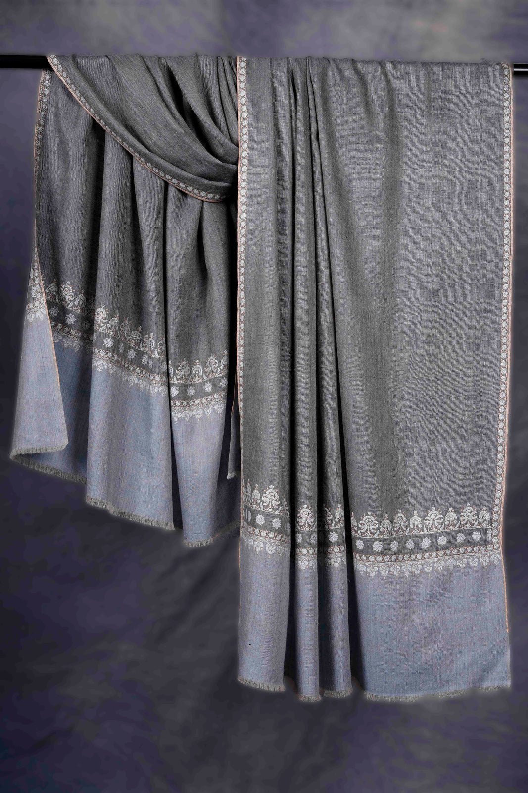 Dark Grey With Border Embroidery Cashmere Pashmina Shawl