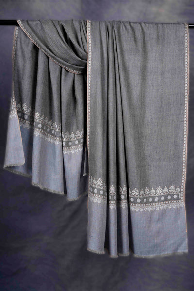 Dark Grey With Border Embroidery Cashmere Pashmina Shawl
