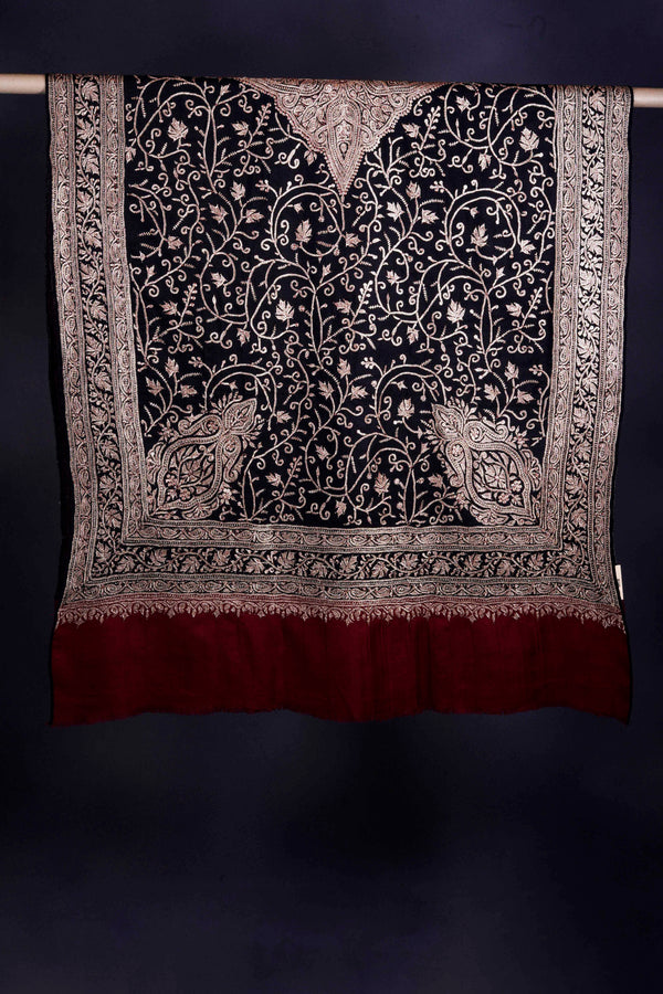 Black with Maroon Border Tilla Embroidery Pashmina Shawl