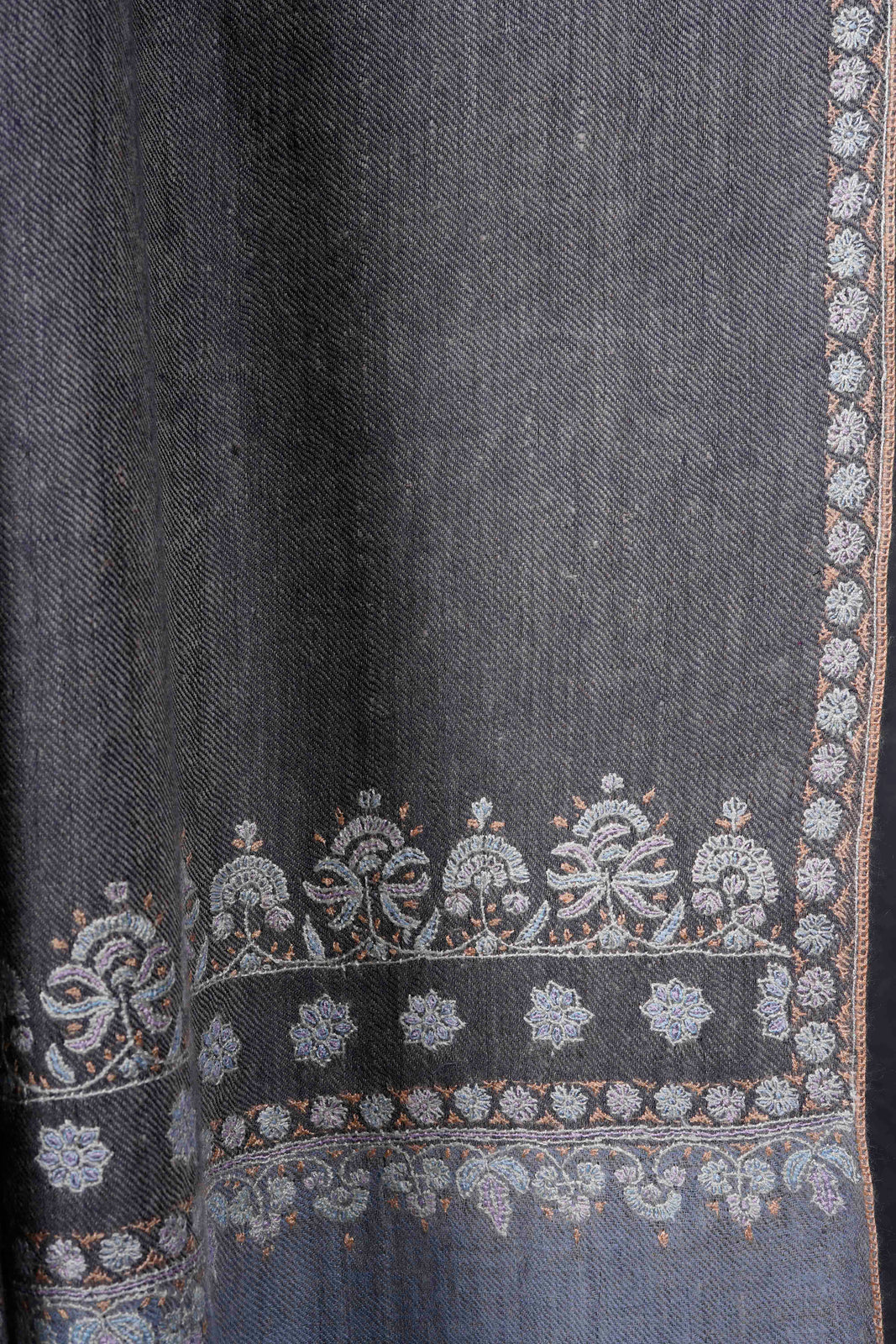 Dark Grey With Border Embroidery Cashmere Pashmina Shawl