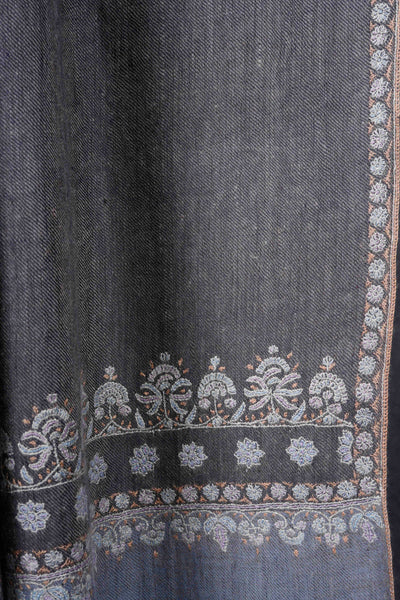 Dark Grey With Border Embroidery Cashmere Pashmina Shawl
