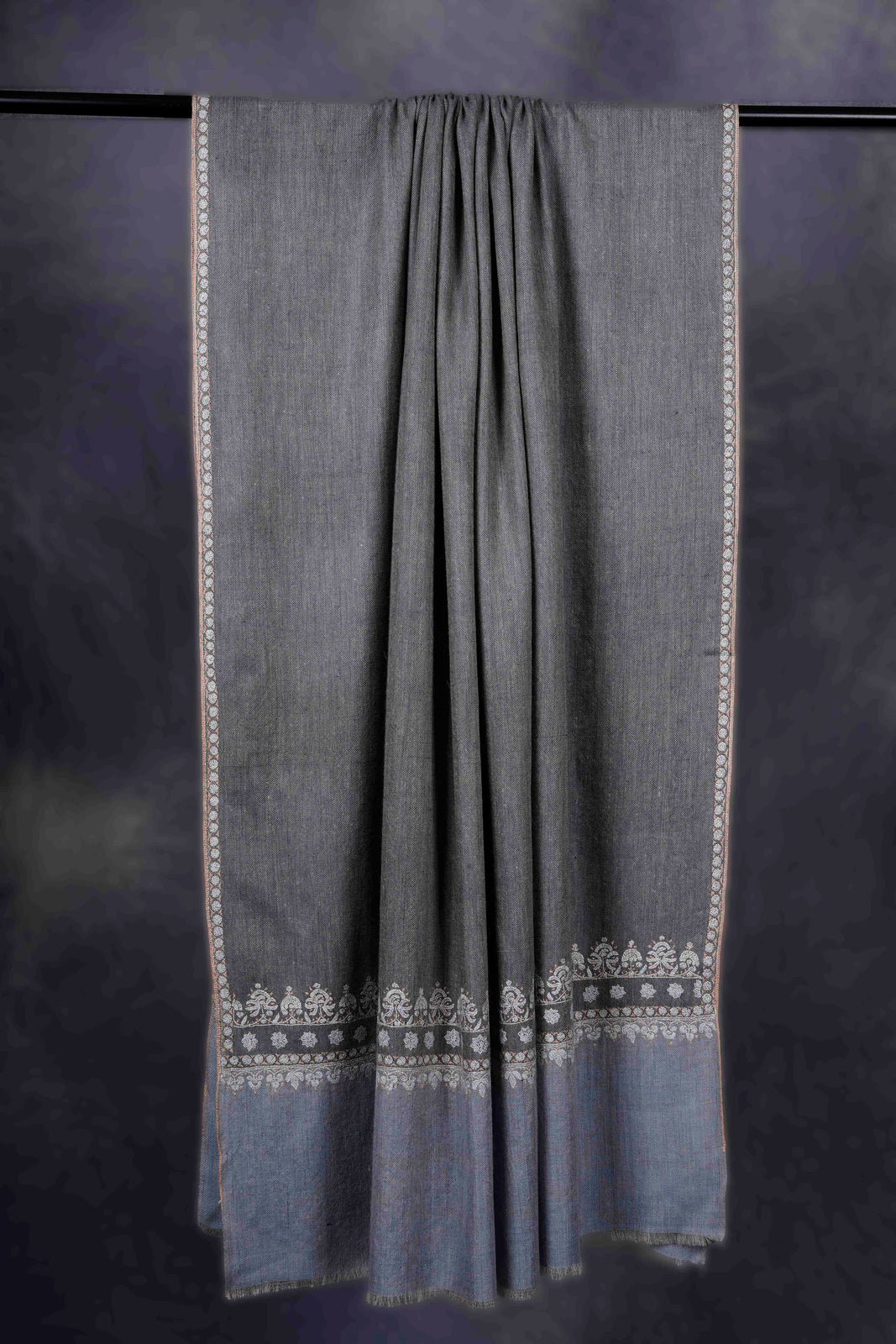 Dark Grey With Border Embroidery Cashmere Pashmina Shawl