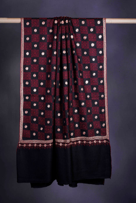 Maroon and Black Check Tilla Embroidery Pashmina Shawl