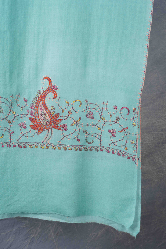 Light Turquoise Big Border Sozni Embroidery Merino Wool Scarf
