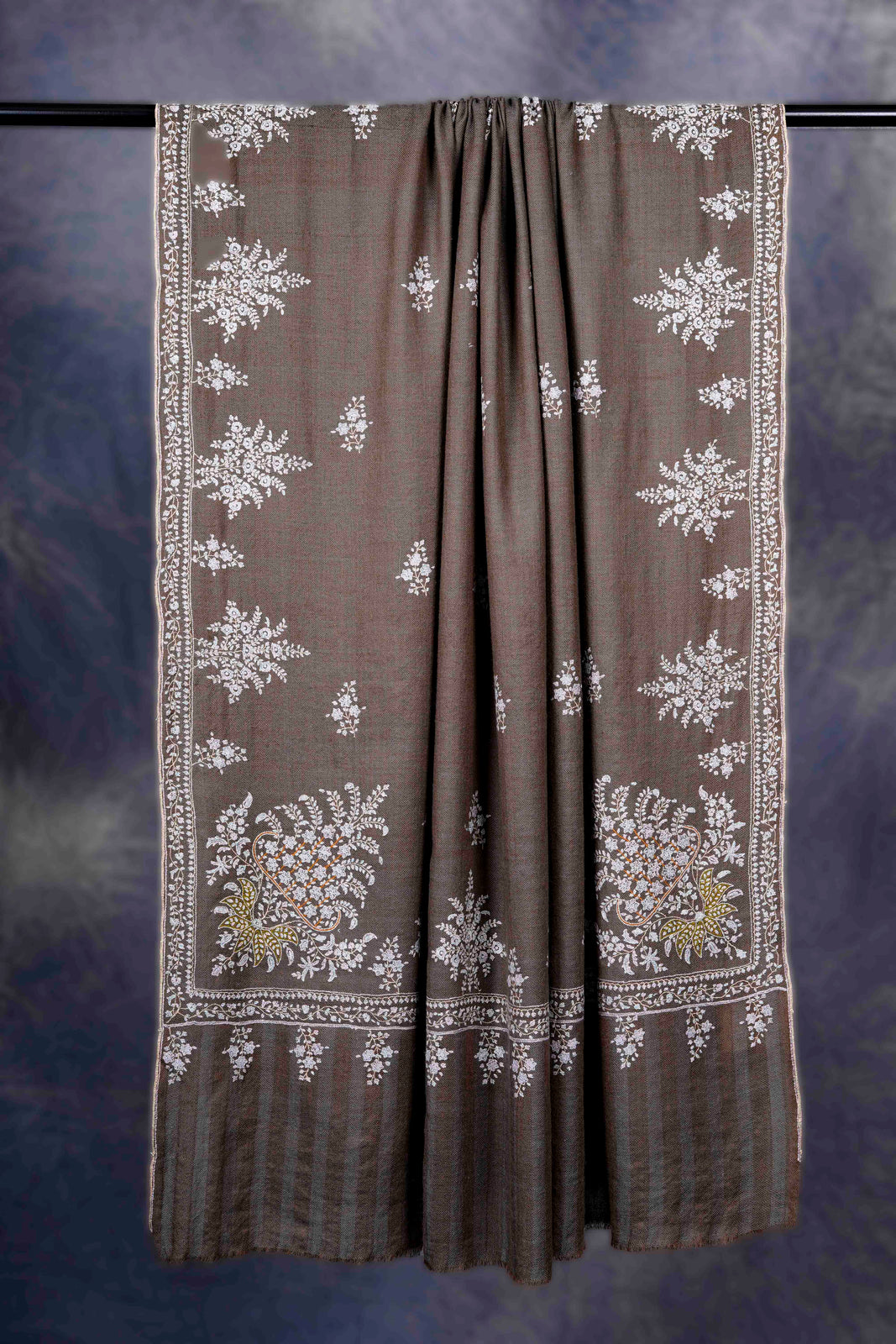 Brown Boteh Motif Embroidery Cashmere Pashmina Shawl