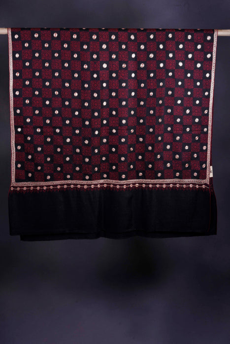 Maroon and Black Check Tilla Embroidery Pashmina Shawl