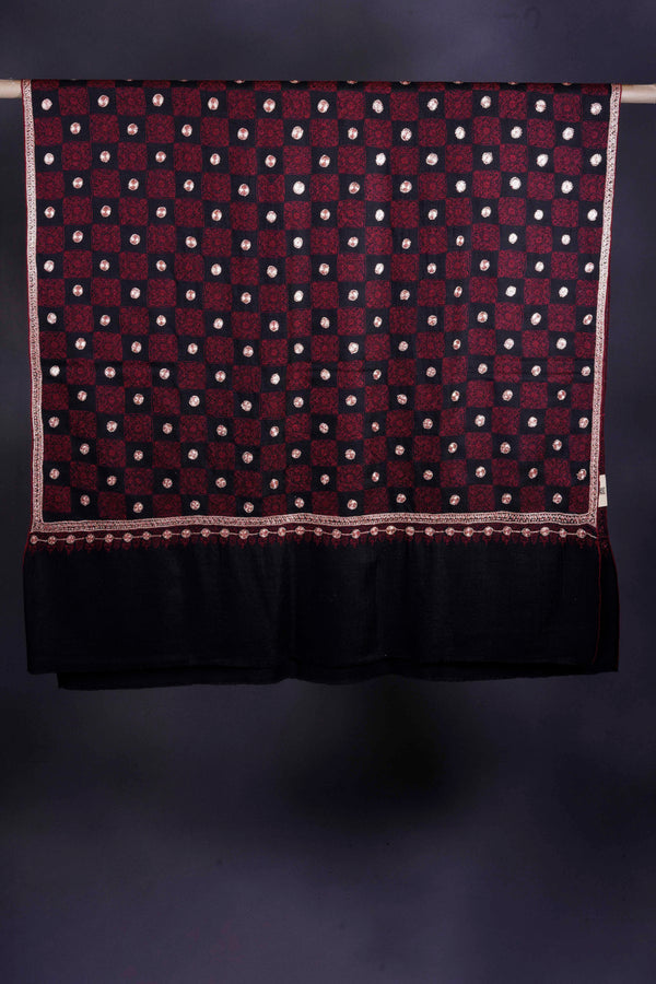 Maroon and Black Check Tilla Embroidery Pashmina Shawl