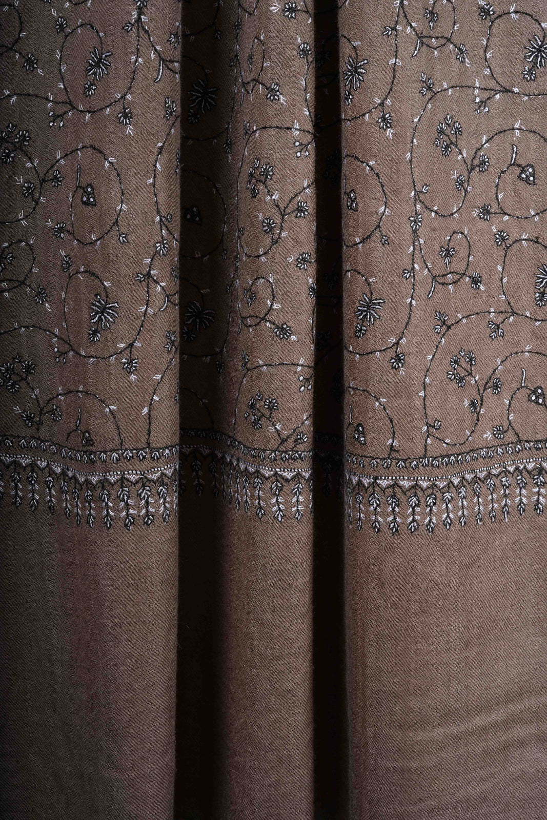 Natural Jali With Black Embroidery Pashmina Cashmere Scarf