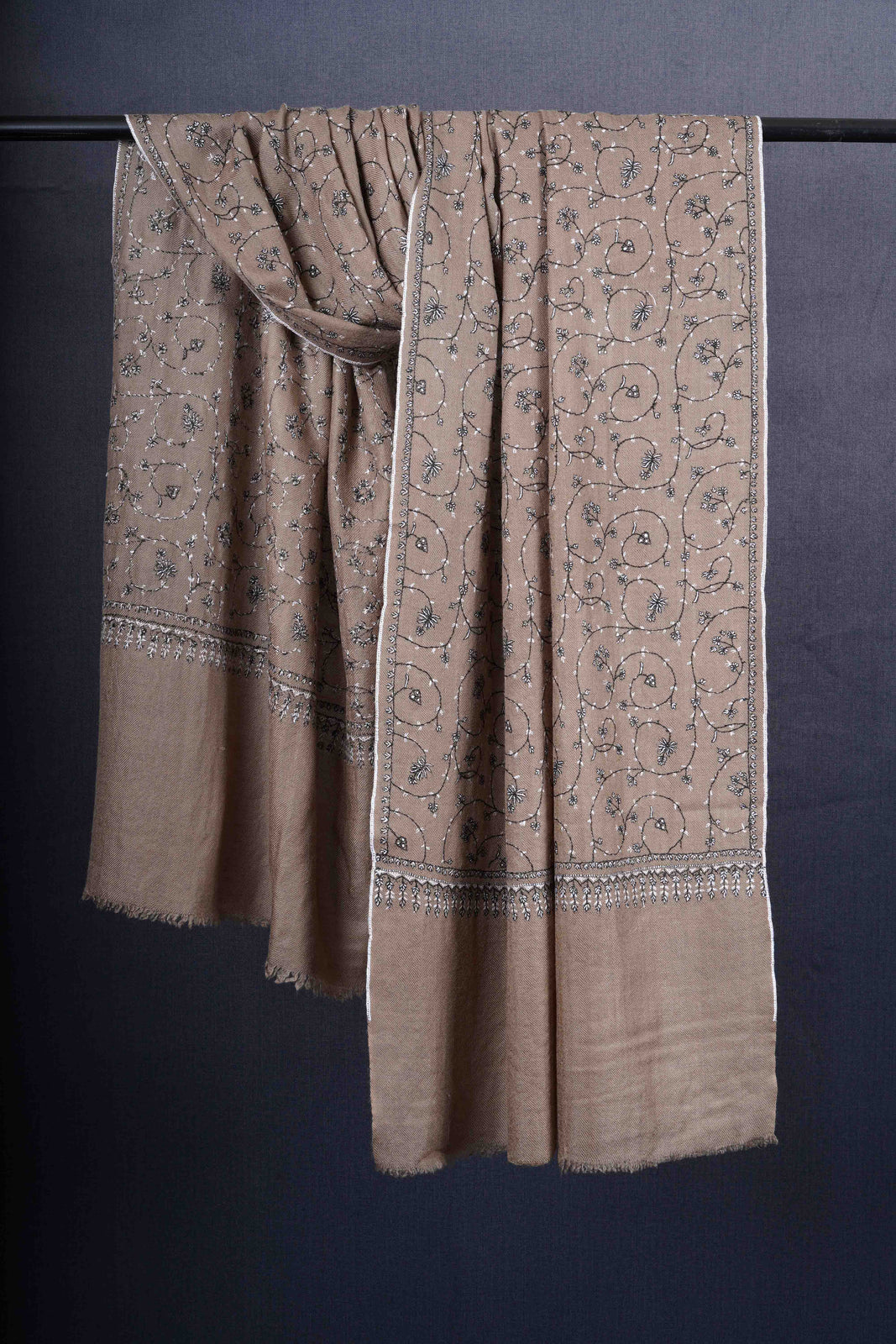 Natural Jali With Black Embroidery Pashmina Cashmere Scarf