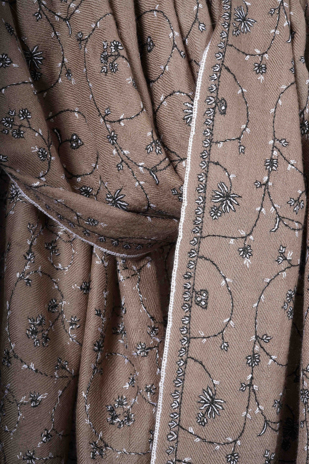 Natural Jali With Black Embroidery Pashmina Cashmere Scarf