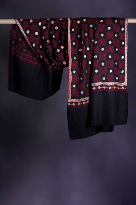 Maroon and Black Check Tilla Embroidery Pashmina Shawl