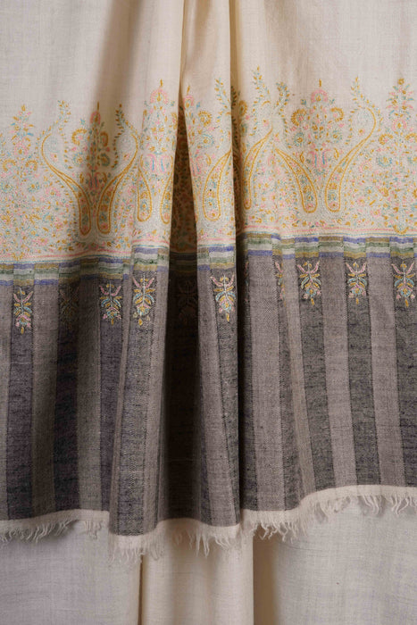 Ivory Base Big Border Embroidery Cashmere Pashmina Shawl