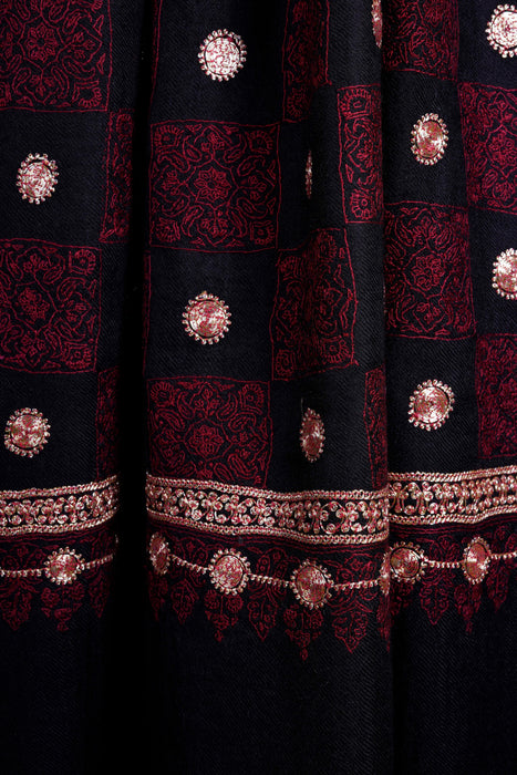Maroon and Black Check Tilla Embroidery Pashmina Shawl