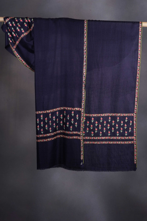 Navy Blue Base Big Border Embroidery Cashmere Pashmina Shawl
