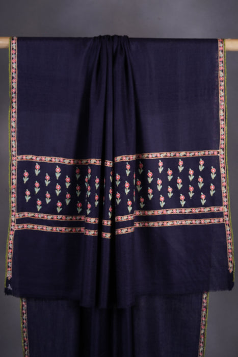 Navy Blue Base Big Border Embroidery Cashmere Pashmina Shawl