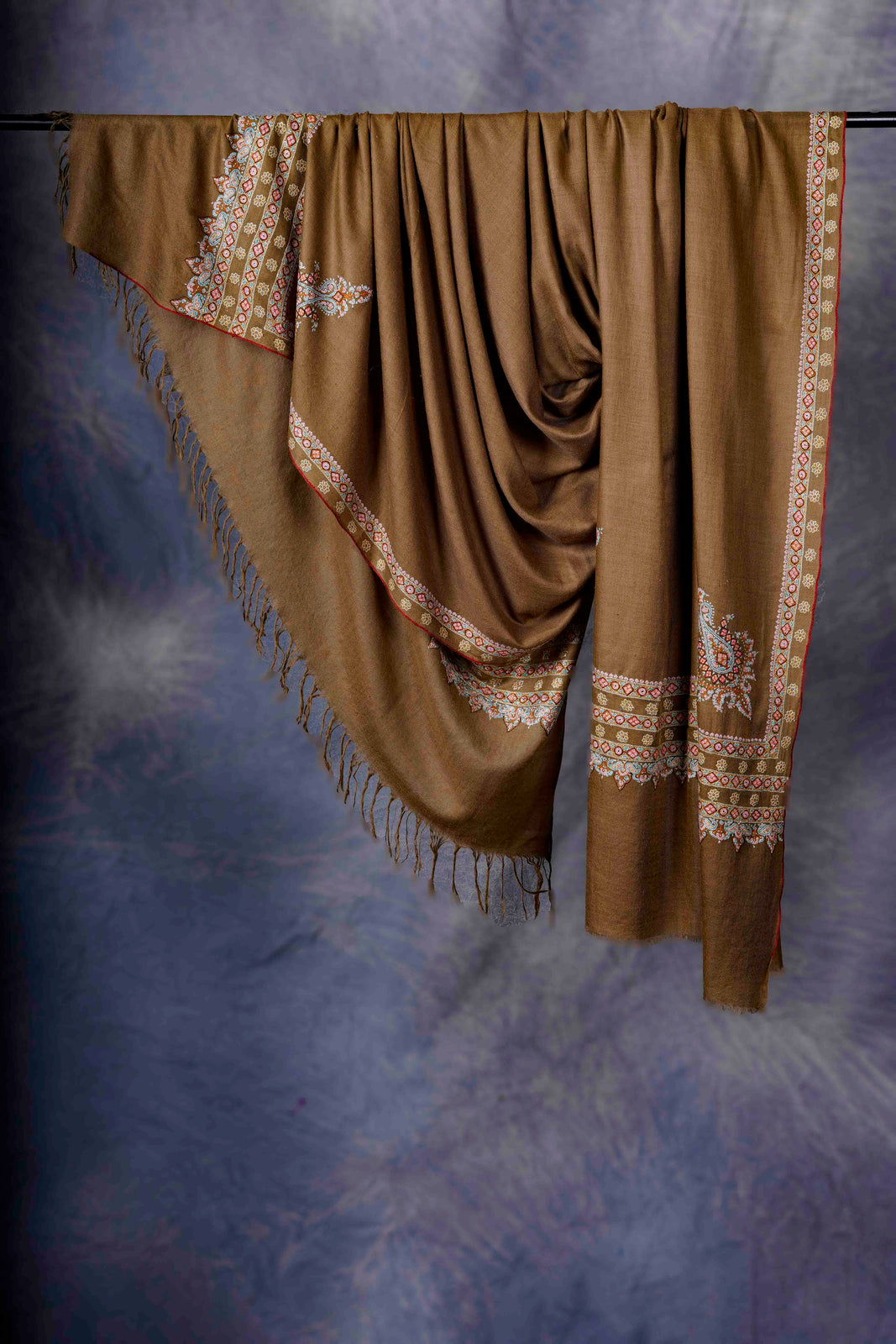 3 Yard Brown Base With Big Border Embroidery Cashmere Pashmina Shawl