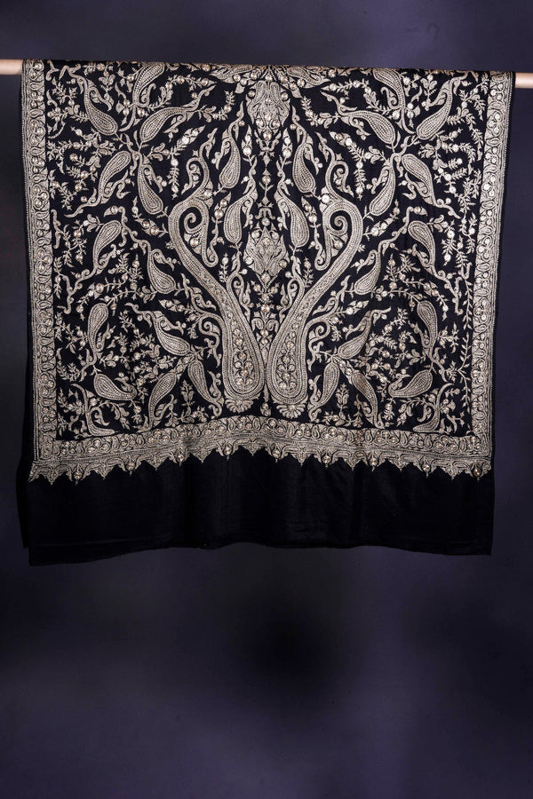 Black Base Gold Tilla Embroidery Pashmina Shawl