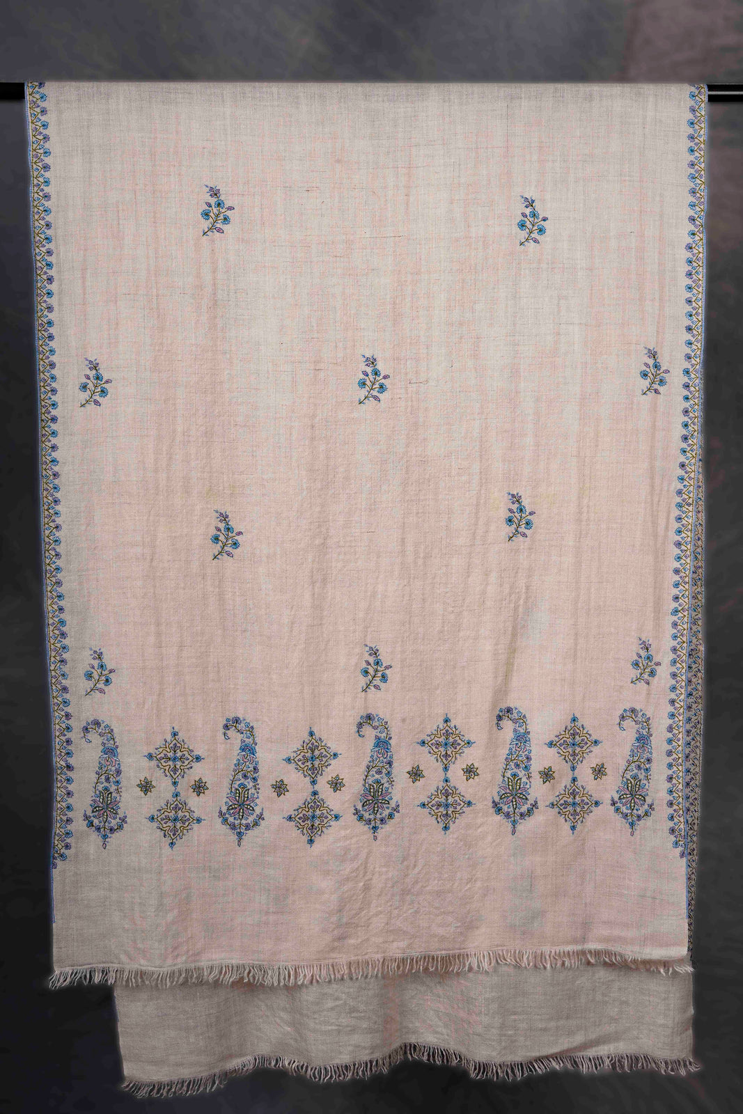 Ivory Small Border with Boteh Motif Embroidery Cashmere Pashmina Scarf
