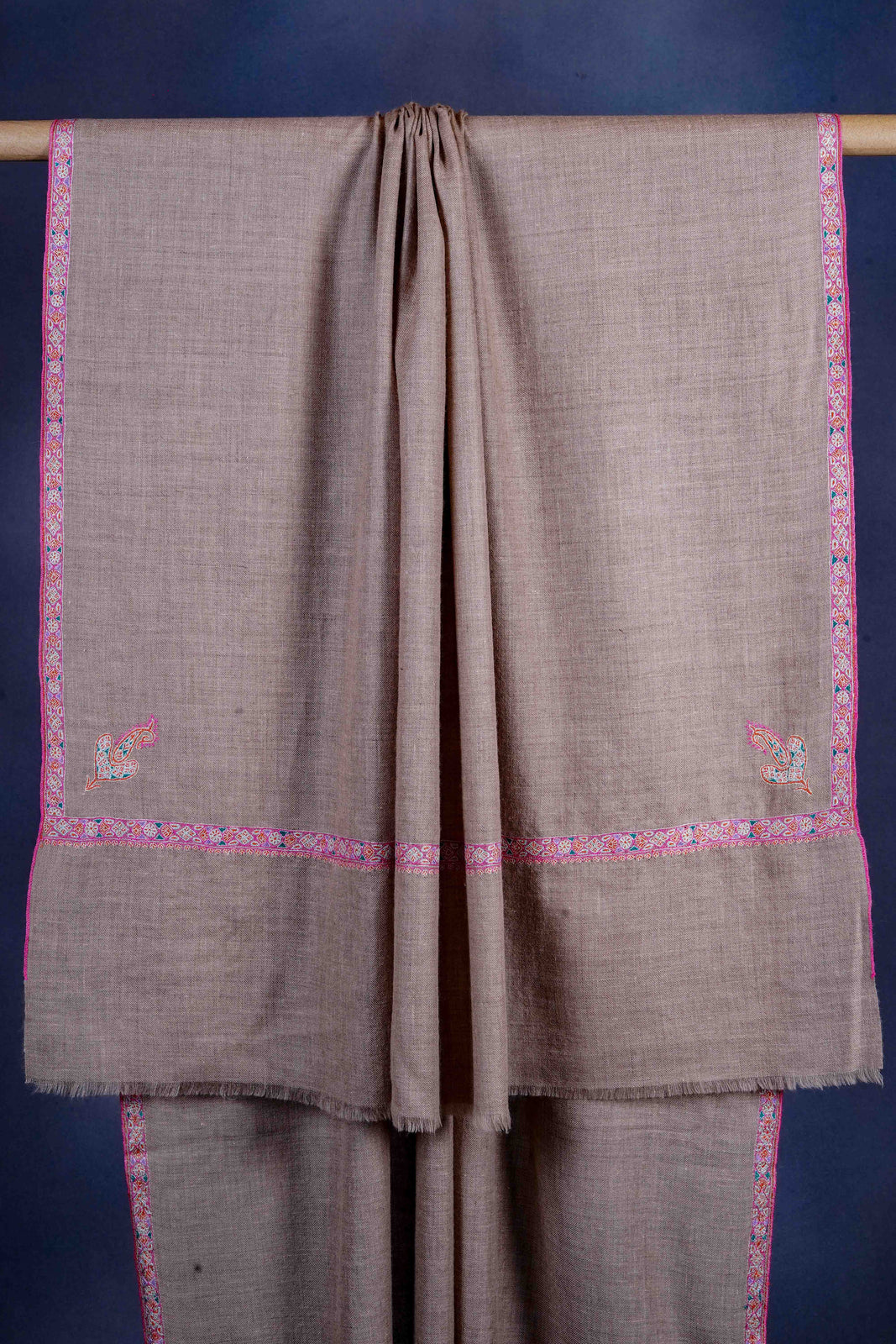 Natural Pink Border Embroidery Cashmere Pashmina Shawl