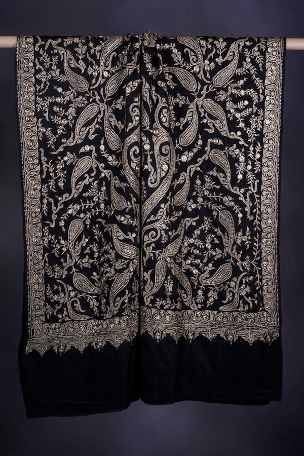 Black Base Gold Tilla Embroidery Pashmina Shawl