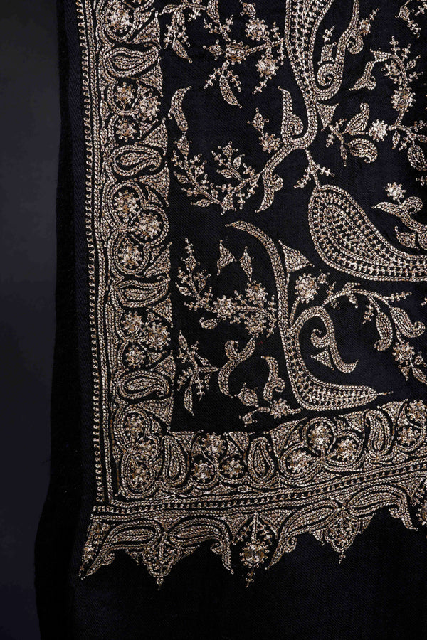 Black Base Gold Tilla Embroidery Pashmina Shawl
